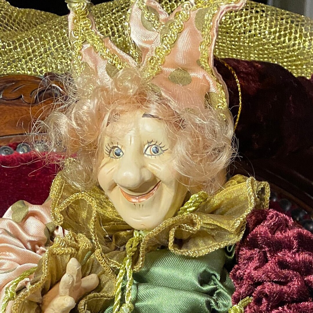 Rare Vintage Court Jester Doll Handmade Hand Painted One of a Kind Poseable 14 without Hat Satin