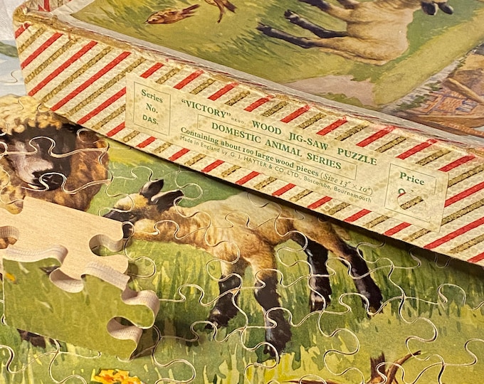 Vintage Wooden Jigsaw Puzzle in Original Box, England About 100 Pieces