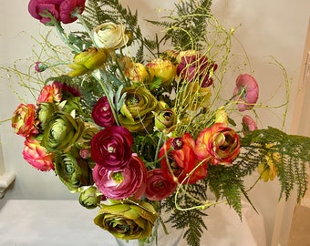 Vintage Floral Arrangement, Pale Green, Chartreuse, Maroon, Yellow with stripes, Pink  Ranunculus, Faux Silk Arrangement , Handmade, Vase