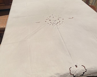 ANTIQUE Cotton Sheet White with Beautiful Hand Made Embroidery and Cut-work Great Condition C1930's