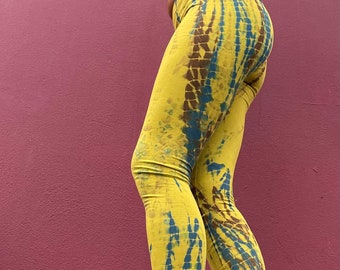 Tie-dye leggings.Yellow leggings,festival pants,all season leggings, unisex leggings,Thick cotton leggings,plus sizes leggings