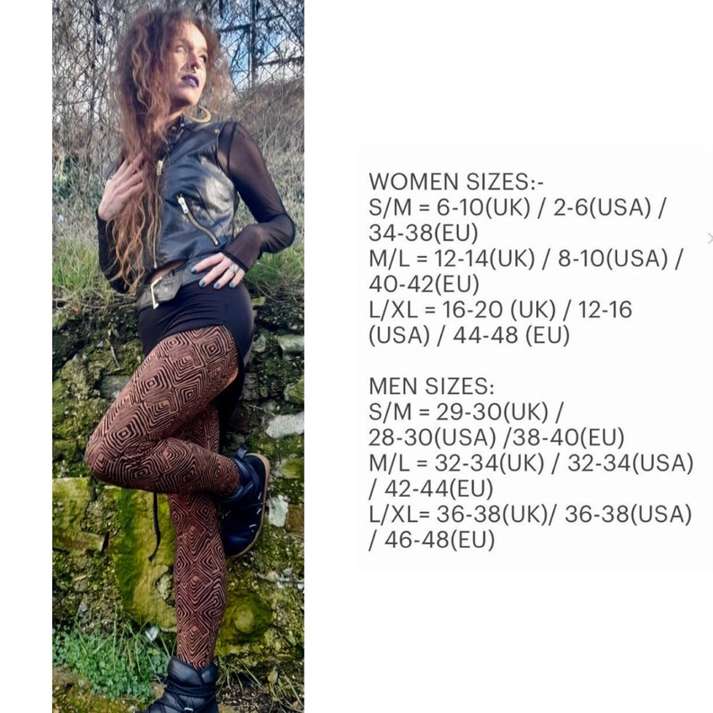 May include: A size chart with measurements in inches and centimeters for women's and men's clothing sizes. The chart includes UK, US, and EU sizes.