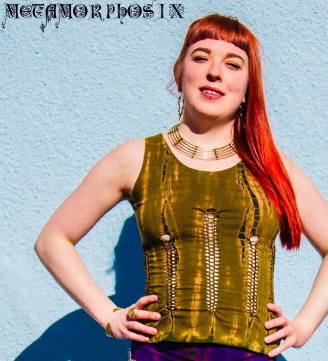 Image of Boho Festival Sleeveless Top With Plaited Detail. Green Tie-Dye Summer Vest.trance, Pixie Unusual Clothing