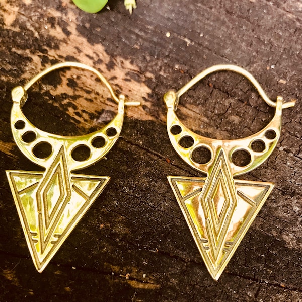 Enigmatic Egyptian Motif Triangular Earrings. Handmade, Golden Brass, Nickel Free.