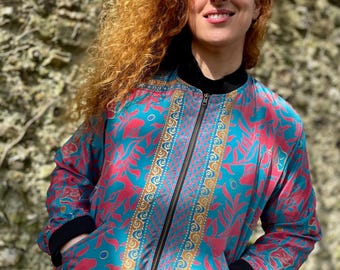 Jedwabna kurtka bomber, kurtka Boho, kurtka z nadrukiem, kurtka unisex, drukowana kurtka bomber, kurtka imprezowa, kurtka w dużych rozmiarach