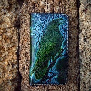 Elegante billetera con cremallera de cuervo y hongo - Diseño artesanal personalizado para hombre y mujer - Regalo personalizado