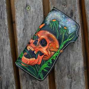 Portafoglio lungo in pelle lavorato a mano – Design personalizzato con teschio e denti di leone – Regalo personalizzato per uomo
