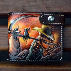 Cartera plegable de piel con diseño de esqueleto DEATH: billetera única hecha a mano: regalo personalizado perfecto