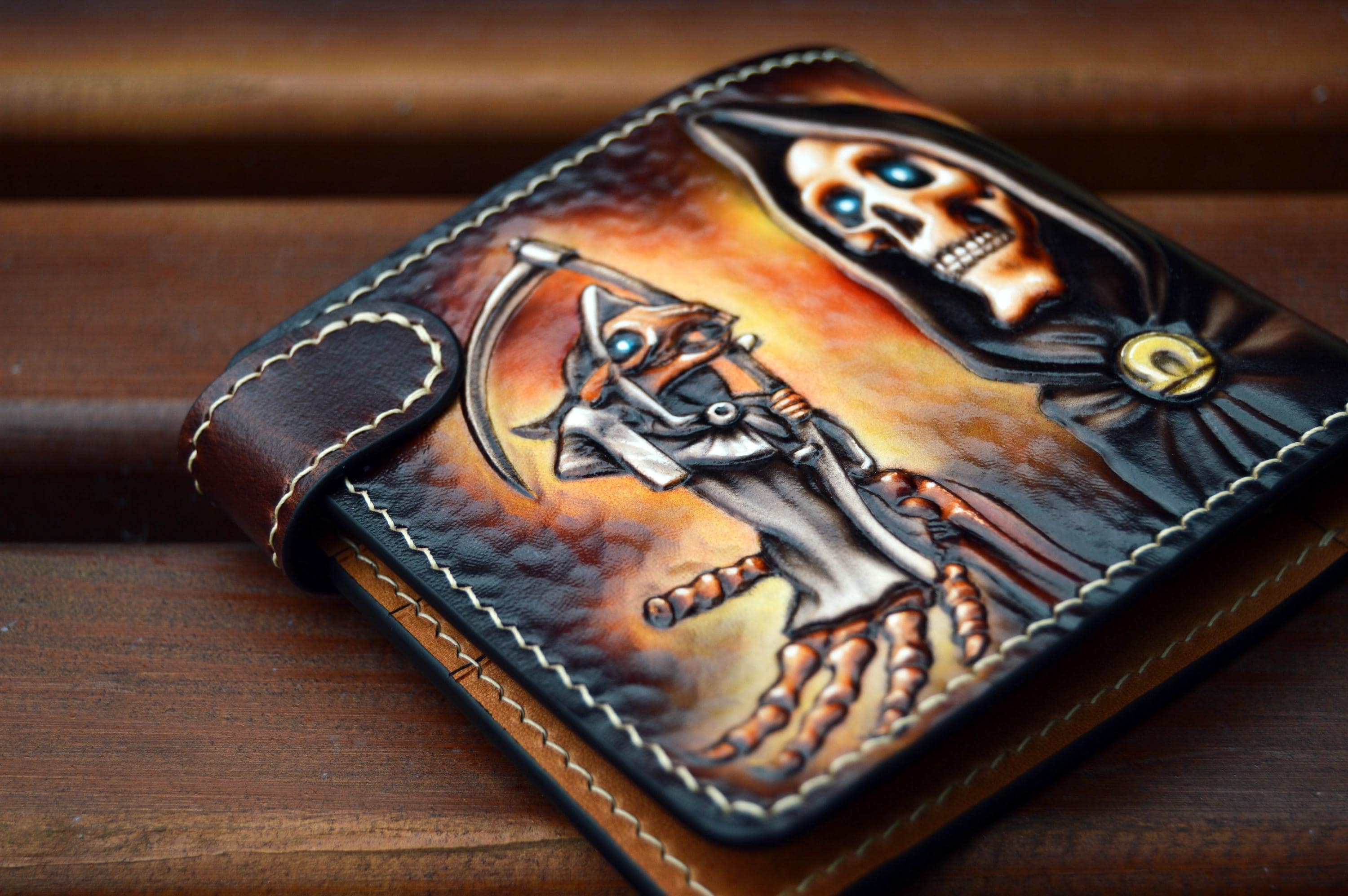 DEATH Skeleton | Hand-tooled Custom Leather Wallet, Gift for Fantasy ...