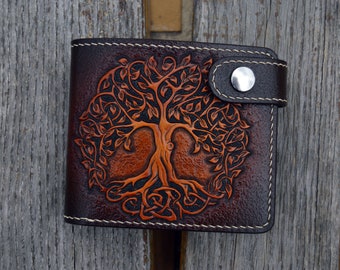 Yggdrasil & Valknut | Hand-tooled Custom Leather Wallet, Gift with North Pagan Soul