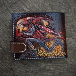 Cartera de cuero plegable con Mago y Muerte - Cartera única hecha a mano - Regalo personalizado perfecto