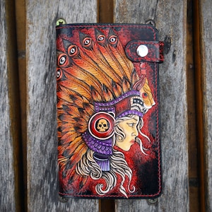 Cartera de cuero hecha a mano con diseño de niña nativa americana y serpiente de cascabel. Cartera artesanal personalizada. Un regalo para ella.