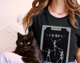 Dancing Skeleton Shirt, Witchy Tarot TShirt, Grunge Clothing, Oversized Tee, Mall Goth Tee, Mystic Moon Phase Shirts, Witch Celestial TShirt