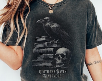 Edgar Allan Poe Nevermore Shirt Reading T Shirt Halloween Raven T-Shirt Skull Tee Literature Shirt Macabre Dark Academia Whimsigoth Clothing