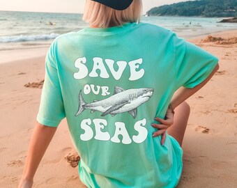 Shark T-Shirt, Save The Sharks Shirt, Crewneck With Print On The Back, Beach Apparel, Environmentalist Clothing