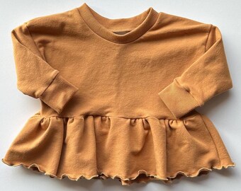 Caramel ruffle peplum - ruffle sweatshirt - organic sweatshirt - handmade sweatshirt - girls sweatshirt - baby sweatshirt