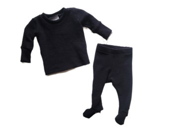 Black waffle set - henley tee with footie pants