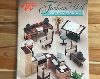 Annie's Attic Plastic Canvas Fashion Doll At The Office Pattern Booklet Designs by Sara Edmunds Vintage from 1992 Office Furniture for Dolls