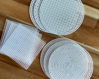 Small lot of Vintage Plastic Canvas Shapes 3 - 4 1/4in White Circles, 3 - 4 1/4in Clear Circles, 4 - 3 1/4in Squares.