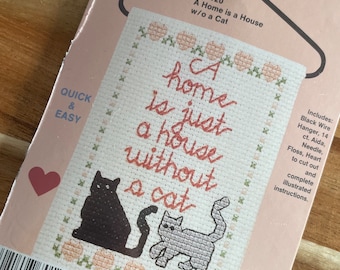 Cat Lover Cross Stitch Kit • Beginner Project • Small 3x5 Banner • Vintage DIY Gift