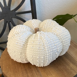 May include: A white, textured pumpkin decoration with a wooden stem. The pumpkin has a ribbed design and a soft, plush appearance. Perfect for fall or autumn decor.