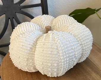 White Fabric Pumpkins, Neutral Fall Decor, Vintage Farmhouse Pumpkins, Autumn Table Decor, Upcycled Vintage Hobnail Bedspread, Thanksgiving