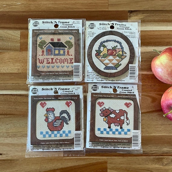 Stitch 'N Frame Counted Cross Stitch Lot of 4 Kits Welcome, Fruit Basket,  Cow, Hen Country Cottage Stitch Kits 