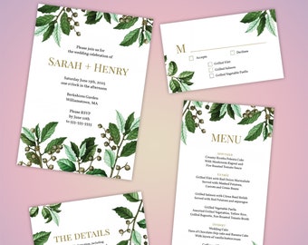 Editable Vintage Botanical Greenery 4 Piece Wedding Invitation Suite Template Set Instant Download
