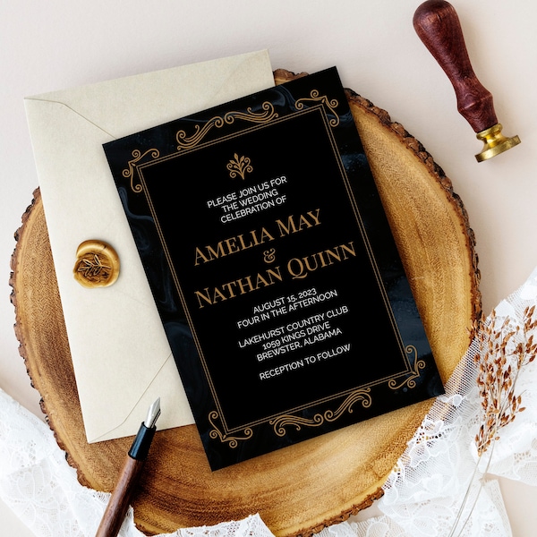 Dark Gothic Deco Invitation Template, Editable Invitation for Wedding, Engagement Party, Halloween Party, Birthday Party