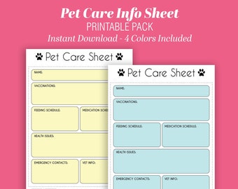 Pet Care Info Sheet | Printable Instant Download | Shopping List | Letter A4 Size | Pet Sitter Instruction Sheet | Dog Cat Info Sheet