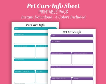 Pet Care Info Sheet | Printable Instant Download | Shopping List | Letter A4 Size | Pet Sitter Instruction Sheet | Dog Cat Info Sheet