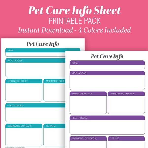 Pet Care Info Sheet Printable Instant Download Shopping List Letter A4 ...