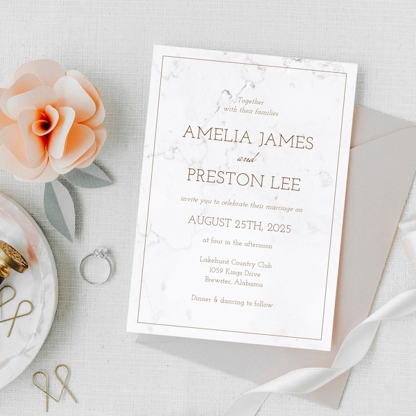 Marble + Rose Gold Wedding Invitation, Completely Editable, Printable Engagement Party Invite, White Minimalist E215