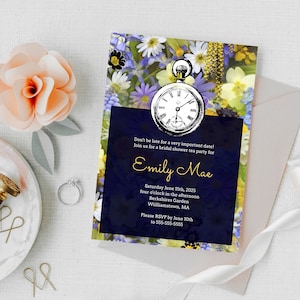 Alice in Wonderland Bridal Shower Invitation Clock with Floral Editable Instant Download Template