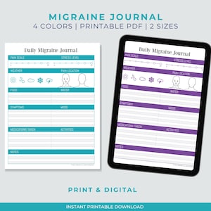 Può includere: Un diario stampabile per l'emicrania in due dimensioni e quattro colori. Il diario include sezioni per la scala del dolore, il livello di stress, il tempo, la posizione del dolore, il cibo, l'acqua, i sintomi, l'umore, i farmaci, le attività e le note.