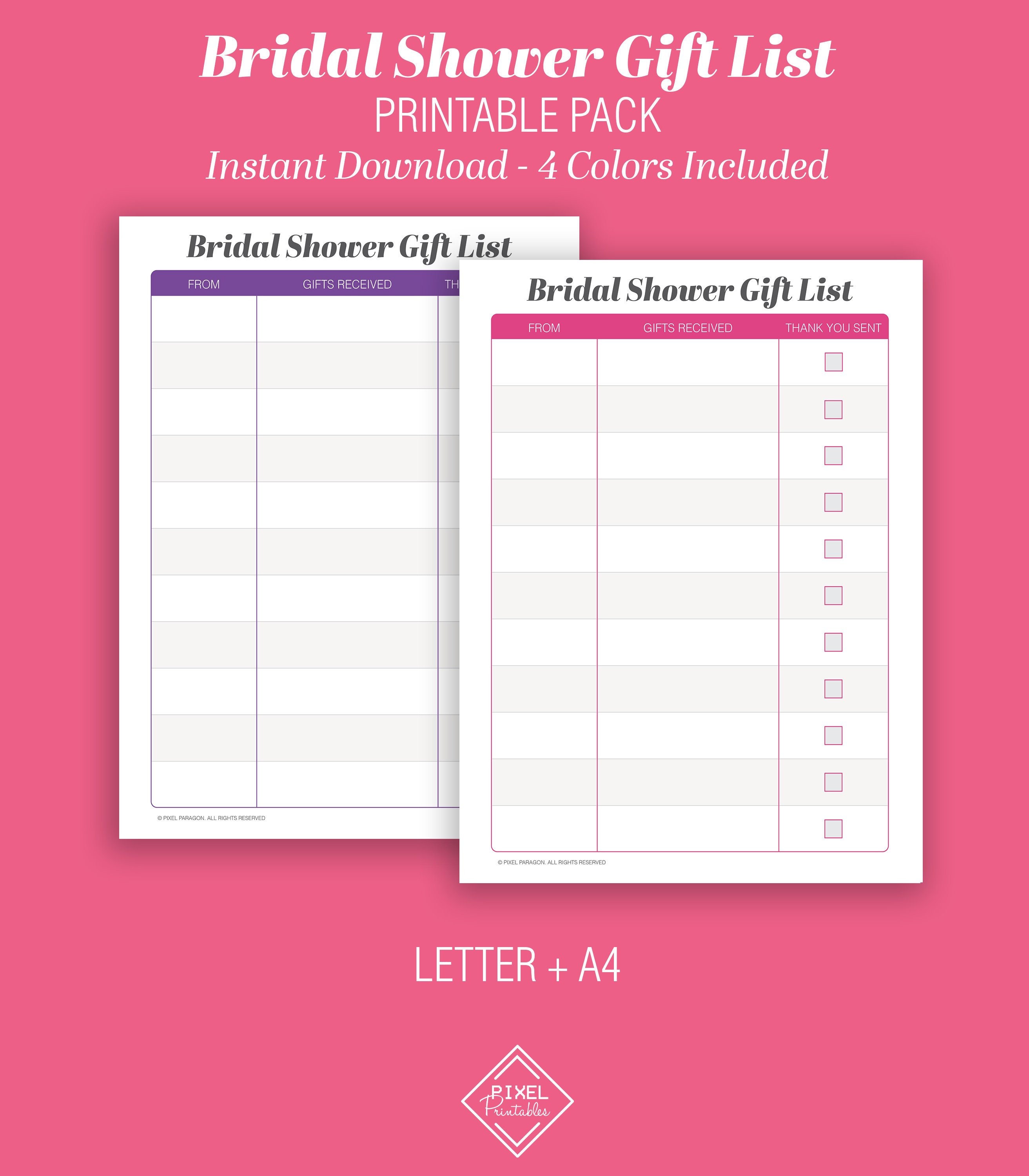 Bridal Shower Gift List Printable Instant Download Letter A4 Size ...