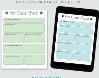 Pet Sitter Instruction Sheet: Printable Dog Cat Info (Letter A4 Size) (Digital Download)