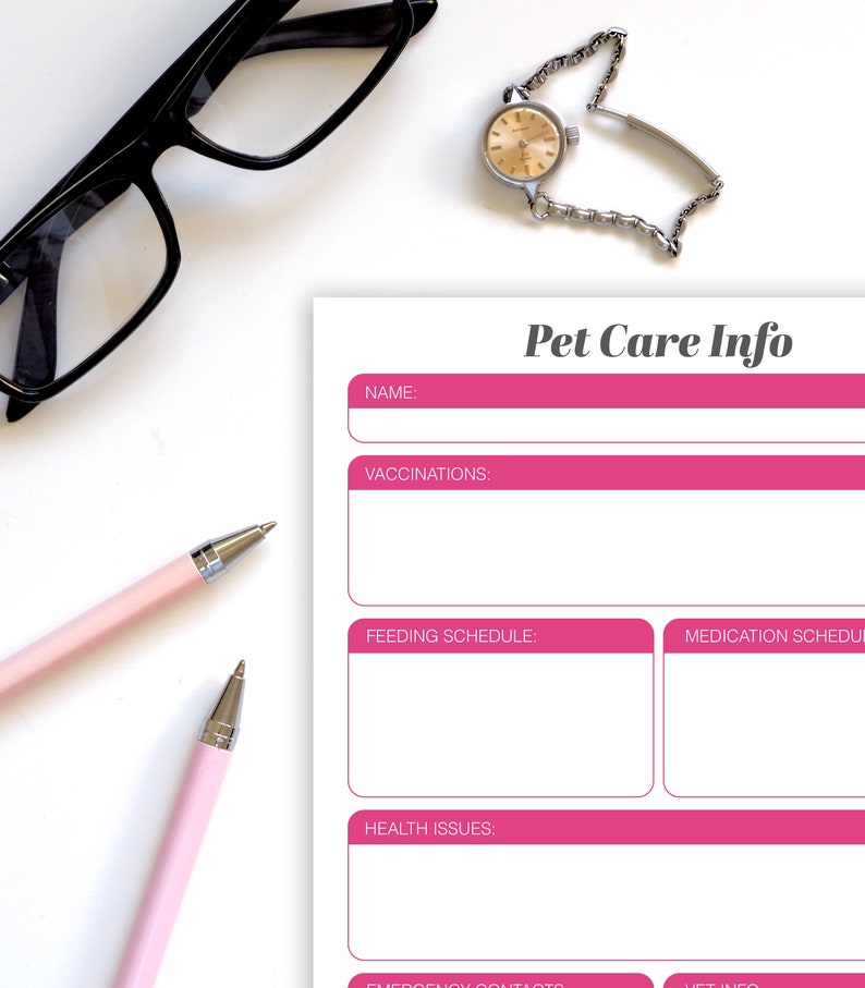 Pet Care Info Sheet Printable Instant Download Shopping List Letter A4