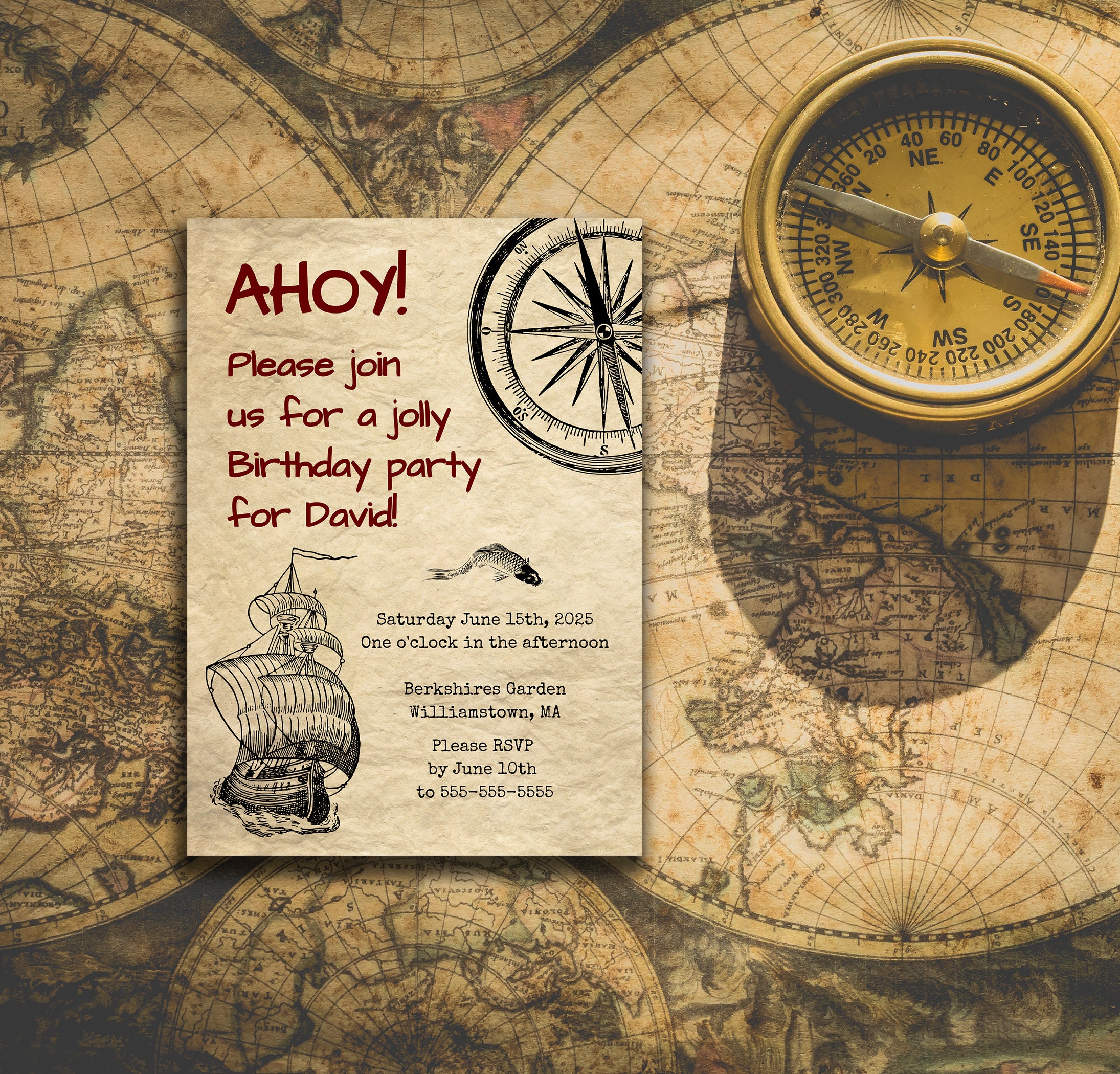 Pirate Birthday Invitation Template: Nautical Ship Map (Digital Download)