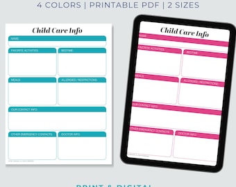 Child Care Info Sheet Printable: Babysitter Emergency Contact Form (A4 & US Letter)