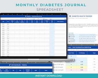 Kalkylblad för diabeteshälsospårning | Blodsockerlogg, tid inom intervall, A1C och laboratorievärden, insulinlogg | Digital nedladdning av Excel