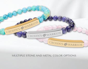 Crohn's Warrior Engraved Bracelet, Natural Stone Beaded Wristband