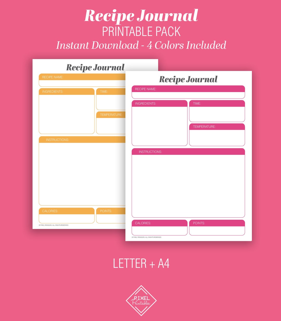 Recipe Journal Printable Instant Download Recipe Cards Meal Planner