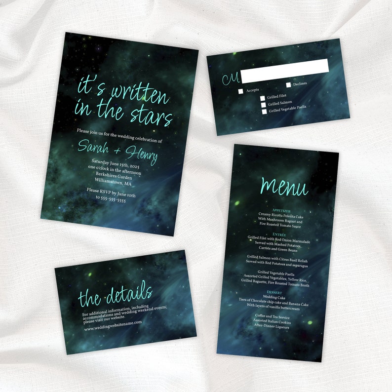 4 Piece Its Written in the Stars Wedding Invitation Suite with Galaxy in Blue Green Ombre Instant Download DIY Engagement