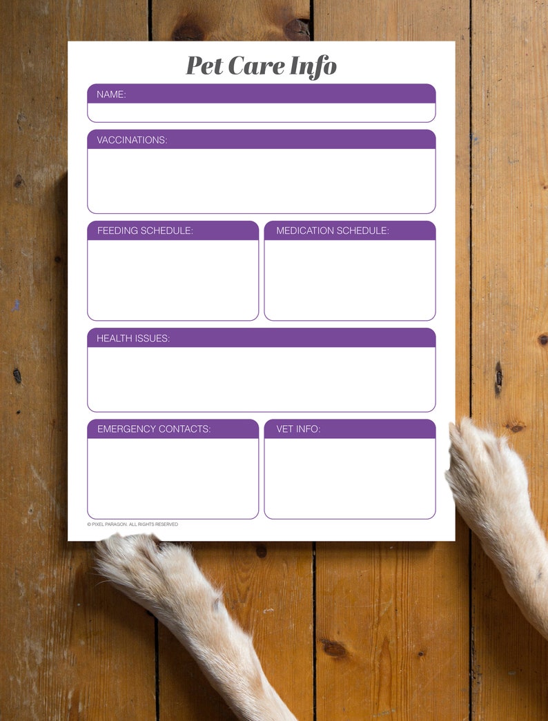 Pet Care Info Sheet Printable Instant Download Shopping | Etsy