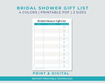 Bridal Shower Gift List: Printable Thank You Tracker (Digital Download)