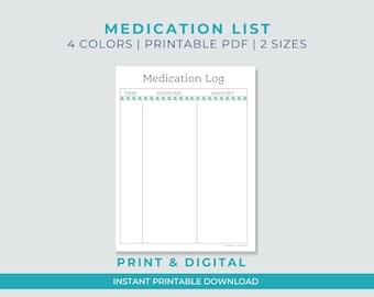 Printable Medication Log: Health Tracker, Medicine List (Digital Download)