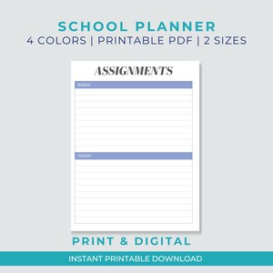 Weekly School Planner | Printable and Digital Planner | Assignment Checklist | Assignments | Student Planner Homework Planner