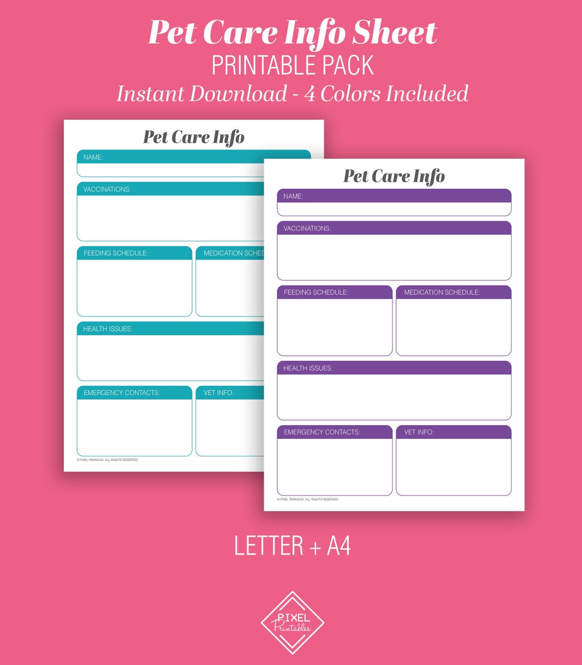 Pet Care Info Sheet Printable Instant Download Shopping List Letter A4 ...