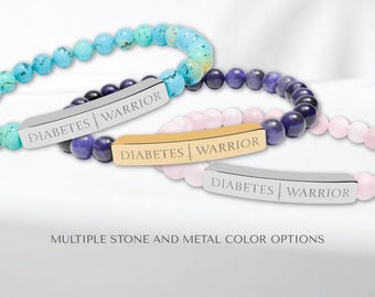 Diabetes Warrior Engraved Natural Stone Bar Bracelet | Stretch Beaded Bracelet